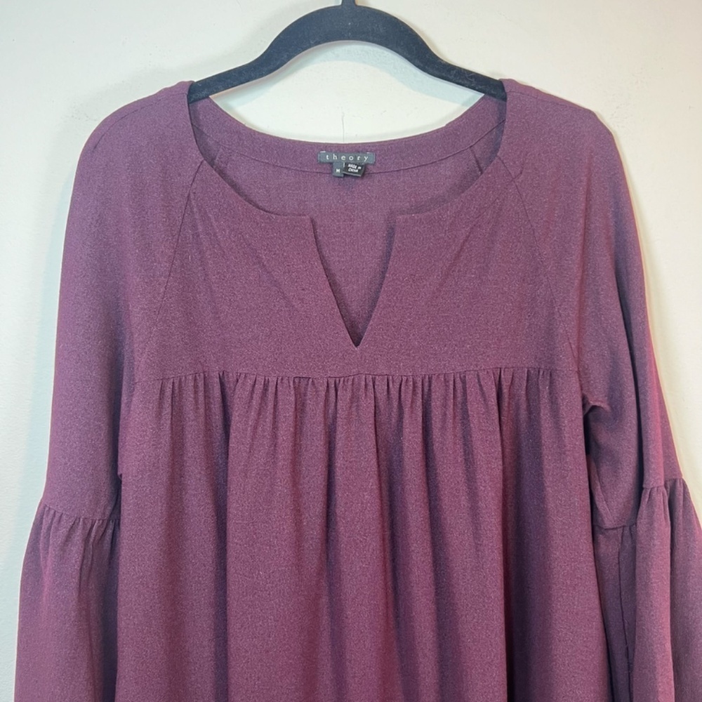 Theory Wool Blend Baby Doll Dress Burgundy V-Neck Bell Sleeves Pleats Sz Medium - Picture 3 of 11
